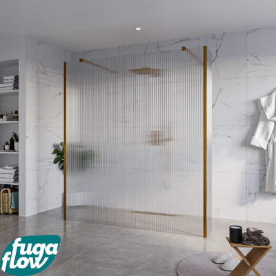 FugaFlow Eccelente Vetro Douche à l'italienne libre - 180x200cm - Clair strié - anti-calcaire - verre de sécurité 8mm - 2 parois latérales 40cm - avec bras muraux et profils d'angle - Cuivre brossé -
