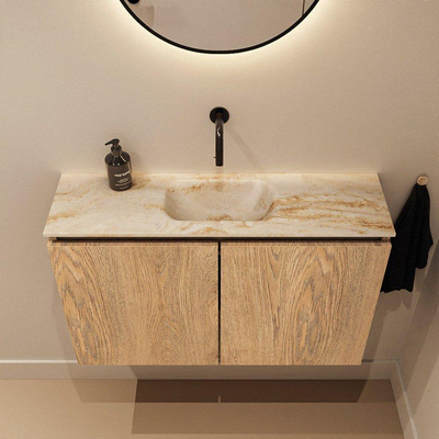 MONDIAZ TURE-DLUX Meuble toilette - 80cm - Washed Oak - EDEN - vasque Frappe - position centrale - sans trou de robinet