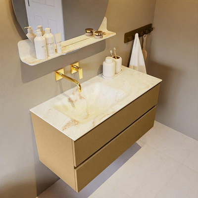 Mondiaz VICA-DLUX Ensemble de meuble de salle de bain - 100cm - meuble sous-vasque oro - 2 tiroirs - lavabo encastré cloud gauche - sans trous de robinet - version haute de 60cm - frape