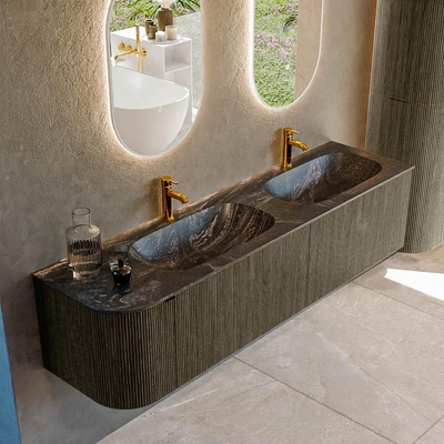 Mondiaz KURVE-DLUX Badkamermeubelset - 175x46x40cm - 2 lade - 1 deur - wastafel solid surface - dubbel / rechts - 2 kraangaten - Shadow
