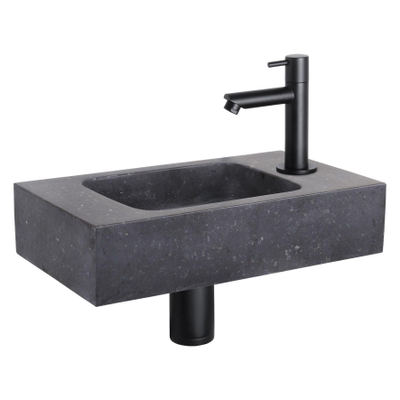 Differnz Force fonteinset - 40x22x9cm - Rechthoek - 1 kraangat - Recht matte zwarte kraan - Natuursteen Zwart SHOWROOMMODEL
