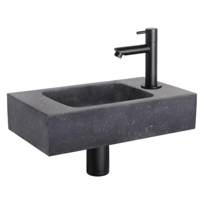Differnz Force Set lave-mains 40x22x8cm 1 trou avec robinet droit et siphon + bonde noir mat Rectangulaire Pierre naturelle Noir