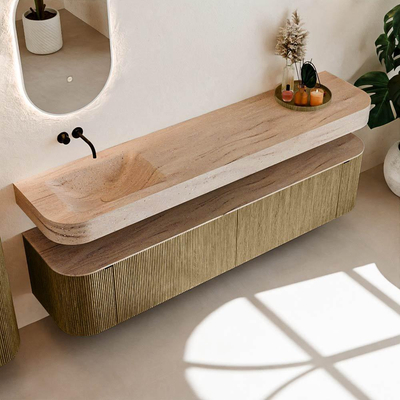 MONDIAZ THOR-DLUX 200cm meuble de salle de bains arrondi gauche + droite couleur Dusk avec 2 tiroirs et 2 portes. Vasque suspendue CLOUD Gauche sans trou de robinet couleur Saba.