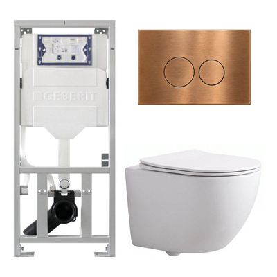 Pack WC QeramiQ Dely Swirl Compact - réservoir encastrable Geberit UP320 - avec bâti-support Burda - abattant slim - plaque de commande en métal cuivre - boutons ronds - blanc mat