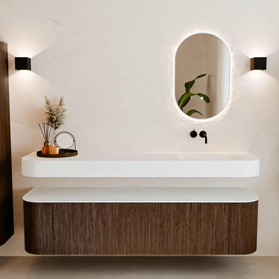 MONDIAZ THOR Meuble de salle de bains 180cm arrondi gauche + droite couleur Walnut avec 2 tiroirs et 2 portes. Vasque suspendue CLOUD Droite sans trou de robinet couleur Talc.