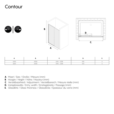 Sealskin Contour schuifdeur voor nis 120 cm, 200 cm hoog, zwart, 6 mm helder veiligheidsglas