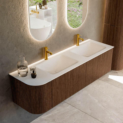 MONDIAZ KURVE 155cm badmeubel met module 25 L kleur Walnut met 2 lades en 1 deur. Wastafel CLOUD dubbel / rechts 2 kraangaten Talc.