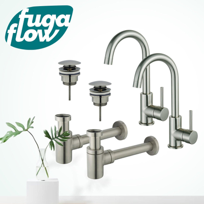 FugaFlow Eccelente Sobrado Badkamer Wastafelkraanset - voor dubbele wastafel - hoge wastafelkraan - draaibare uitloop - klikwaste plug - verlaagde design sifon - PVD Geborsteld RVS