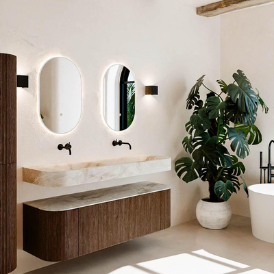 MONDIAZ THOR-DLUX 150cm meuble de salle de bains arrondi gauche + droite couleur Walnut avec 1 tiroir et 2 portes. Vasque suspendue CLOUD Double sans trou de robinet couleur Frappe.