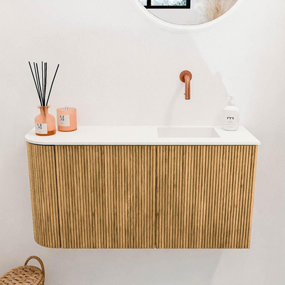 Mondiaz JOYA 81.6cm toiletmeubel - ronding links kleur Oak - Wastafel FAYE positie Rechts Zonder kraangat kleur Talc.