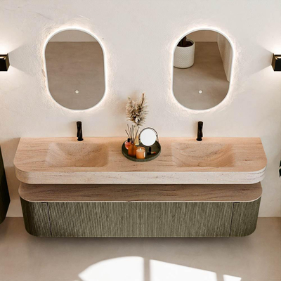 MONDIAZ THOR-DLUX Meuble de salle de bains - 200cm - arrondi gauche + droite - couleur Shadow - 2 tiroirs et 2 portes - Vasque suspendue CLOUD Double 2 trous de robinet - couleur Saba