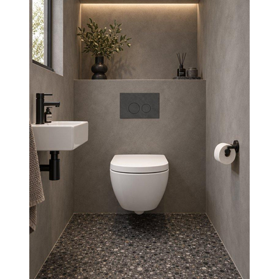 QeramiQ Dely Swirl Compact Ensemble WC - réservoir encastré QeramiQ flush - abattant 25 mm - plaque de commande en marbre foncé - boutons ronds - blanc brillant