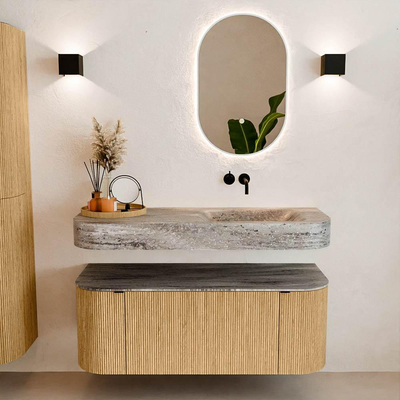 MONDIAZ THOR-DLUX 120cm badmeubel ronding links + rechts kleur Oak met 1 lade en 2 deuren. Vrijhangende wastafel CLOUD Rechts zonder kraangat kleur Oza.