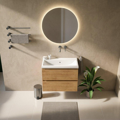 Saniclass Holz Pure Ensemble meuble de salle de bains - 80x45x63.5cm - lavabo Bari en céramique blanc - 1 vasque - sans trou de robinet - 2 tiroirs - chêne natural mat (bois)
