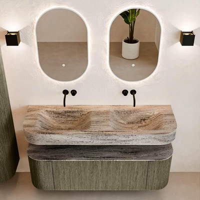 MONDIAZ THOR-DLUX Meuble de salle de bains 140cm arrondi gauche + droite couleur Shadow avec 1 tiroir et 2 portes. Vasque suspendue CLOUD Double sans trou de robinet couleur Oza.