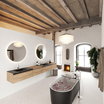 MONDIAZ BUKLA 280cm ensemble de meuble avec module 60 gauche couleur Chêne blanchi avec 4 tiroirs. Lavabo CLOUD double 2 trous de robinet couleur Urbain.