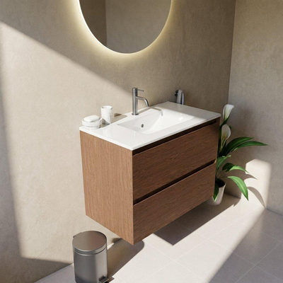 Saniclass Holz Pure Ensemble de meubles de salle de bains - 80x45x62cm - lavabo Vygo en céramique blanc - 1 vasque - 1 trou de robinet - 2 tiroirs - noyer pure mat (bois)