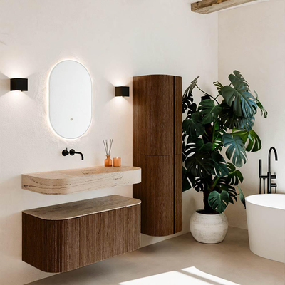 MONDIAZ THOR-DLUX 100cm badmeubel ronding links + rechts kleur Walnut met 1 lade en 2 deuren. Vrijhangende wastafel CLOUD Midden zonder kraangat kleur Arena.