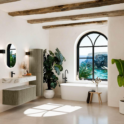 MONDIAZ THOR-DLUX Meuble de salle de bains 110cm arrondi gauche + droite couleur Shadow avec 1 tiroir et 2 portes. Vasque suspendue CLOUD Gauche 1 trou de robinet couleur Glace.