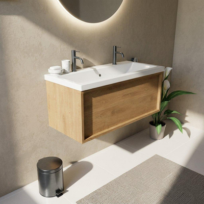 Saniclass Holz Frame Ensemble meuble de salle de bains - 100x45x43.5cm - Bari lavabo en céramique blanc - 1 vasque - 2 trous de robinetterie - 1 tiroir - chêne natural mat (bois)