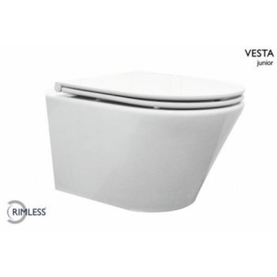 Wiesbaden Vesta junior wandcloset rimless verkort met Flatline toiletzitting softclose en quick release glans wit