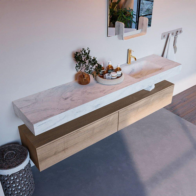 Mondiaz ALAN-DLUX Ensemble de meuble - 200cm - meuble Washed Oak mat - 2 tiroirs - Lavabo Cloud Opalo suspendu - vasque Droite - 1 trou de robinet