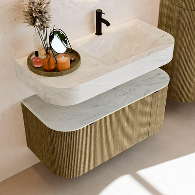 MONDIAZ THOR-DLUX 100cm meuble de salle de bains arrondi gauche + droite couleur Dusk avec 1 tiroir et 2 portes. Vasque suspendue CLOUD Droite 1 trou de robinet couleur Opalo.