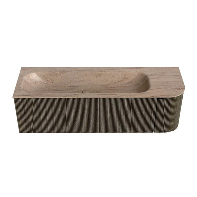 MONDIAZ KURVE-DLUX meuble de salle de bains 145cm arrondi à droite couleur Shadow avec 1 tiroir et 1 porte. Lavabo BIG LARGE à gauche 2 trous de robinet Saba.