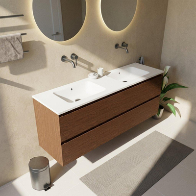 Saniclass Holz Pure Ensemble de meubles de salle de bains - 160x45x77.5cm - lavabo Torino en solid surface blanc - sans trou de robinet - 4 tiroirs - walnut pure mat (bois)