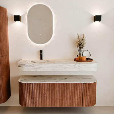 MONDIAZ THOR-DLUX 130cm meuble de salle de bains arrondi gauche + droite couleur Ruby avec 1 tiroir et 2 portes. Vasque suspendue CLOUD gauche 1 trou de robinet couleur Nata.