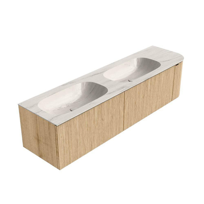 MONDIAZ KURVE-DLUX Meuble de salle de bains 175cm arrondi à droite couleur Oak avec 2 tiroirs et 1 porte. Lavabo STOR SMALL Double / gauche 2 trous de robinet Meli.