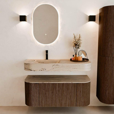 MONDIAZ THOR-DLUX 110cm badmeubel ronding links + rechts kleur Walnut met 1 lade en 2 deuren. Vrijhangende wastafel CLOUD Links 1 kraangat kleur Arena.