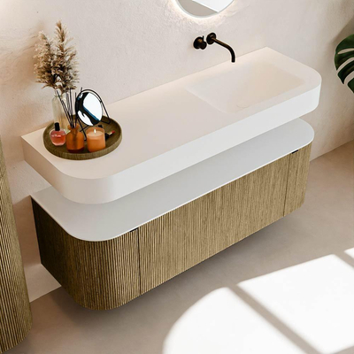 MONDIAZ THOR 140cm meuble de salle de bains arrondi gauche + droite couleur Dusk avec 1 tiroir et 2 portes. Vasque suspendue CLOUD Droite sans trou de robinet couleur Talc.