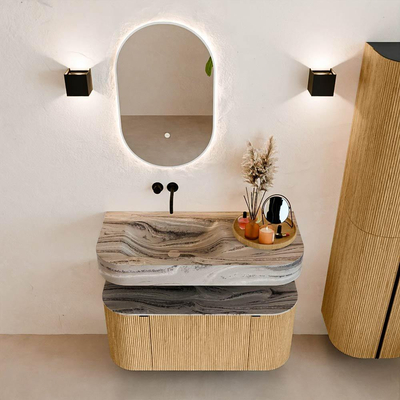 MONDIAZ THOR-DLUX 100cm badmeubel ronding links + rechts kleur Oak met 1 lade en 2 deuren. Vrijhangende wastafel CLOUD Links zonder kraangat kleur Sombra.