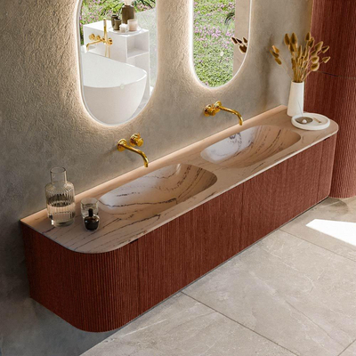 MONDIAZ KURVE-DLUX Meuble de salle de bains 190cm arrondi gauche + droite couleur Ruby avec 2 tiroirs et 2 portes. Lavabo STOR SMALL Double sans trou de robinet Arena.