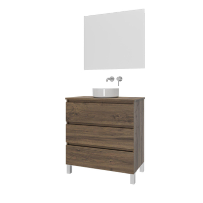Saniclass Chaci PLUS Meuble de salle de bain - 80x86x46cm - vasque - plan de toilette - 3 tiroirs - miroir rectangulaire - noyer (hout)