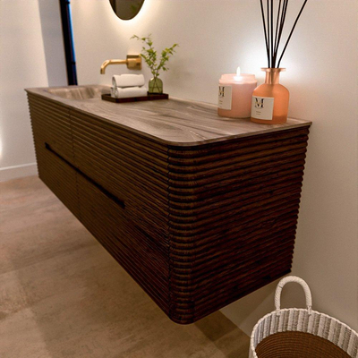 Mondiaz CIRO-DLUX Badkamermeubelset - 150x45x50cm - Solid surface wastafel Sombra - 1 wasbak Links - zonder kraangaten - 4 lades - Walnut