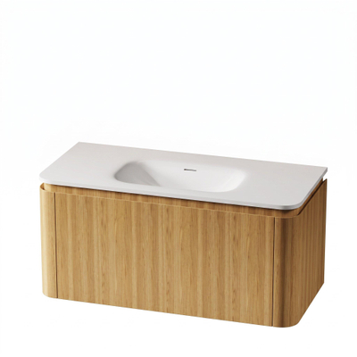 Royal Plaza Terra Ensemble meuble de salle de bains - 100x46.2x46cm - vasque en solid surface blanc brillant - 1 vasque - sans trou de robinet - 2 tiroirs - sandwood (chêne clair)