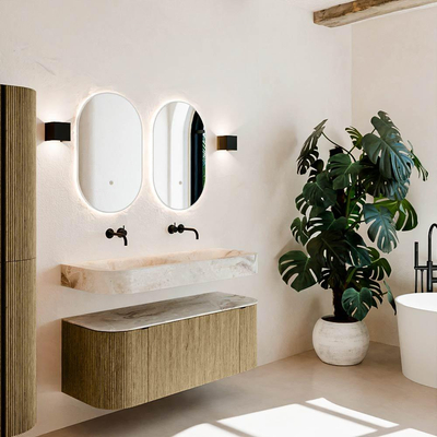 MONDIAZ THOR-DLUX 120cm meuble de salle de bains arrondi gauche + droite couleur Dusk avec 1 tiroir et 2 portes. Vasque suspendue CLOUD Double sans trou de robinet couleur Frappe.