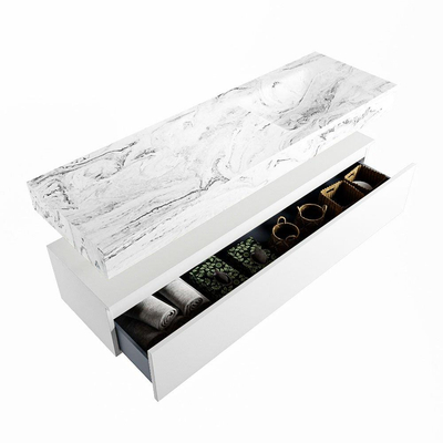 Mondiaz ALAN-DLUX Ensemble de meuble - 150cm - meuble Talc mat - 1 tiroir - Lavabo Cloud Glace suspendu - vasque Droite - 0 trous de robinet