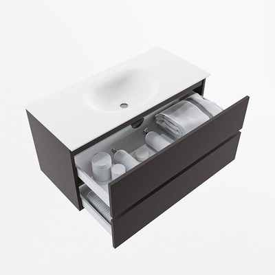 Mondiaz VICA ensemble de meuble de salle de bain - 100cm - meuble sous-vasque gris foncé - 2 tiroirs - lavabo moon milieu - sans trous de robinet - version haute de 60cm - talc