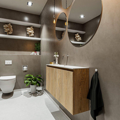 MONDIAZ TURE Kit lave-mains - 100x23x50cm - 0 trous de robinet - 2 portes - chêne blanchi mat - Lavabo centré - Solid Surface Blanc