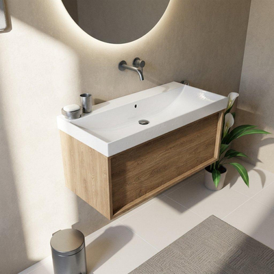 Saniclass Holz Frame Ensemble de meubles de salle de bains - 100x45x47.5cm - lavabo Wave en céramique - 1 vasque - sans trou de robinetterie - 1 tiroir - chêne naturel mat (bois)