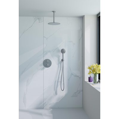 Fortifura Calvi Ensemble de douche à l'italienne - rond - thermostatique - bras plafond - douche principale de 25 cm - douchette ronde - flexible lisse - Acier inoxydable brossé PVD (inox)