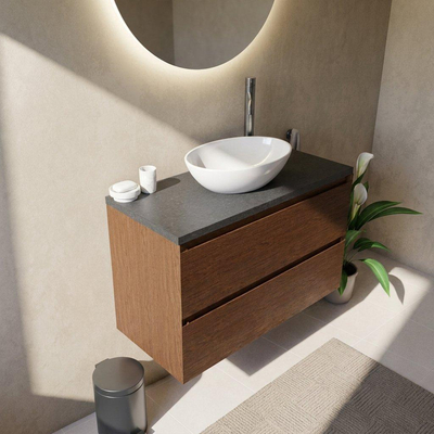 Saniclass Holz Pure Ensemble de meubles de salle de bains - 100x45x63cm - Plan vasque en basalte Noche poli (noir) - 1 trou de robinet - 2 tiroirs - walnut pure mat (bois)