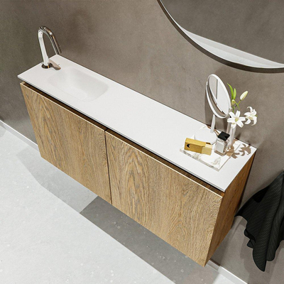 MONDIAZ TURE Toiletmeubel 100x23x50cm met 1 kraangaten 2 deuren washed oak mat Wastafel Eden links Solid Surface Wit