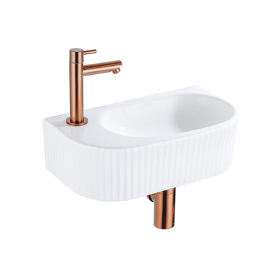 QeramiQ Fuente pack lave-mains – demi-rond – 40 x 21,5 x 12 cm – céramique blanc brillant – perçage à gauche – cannelé