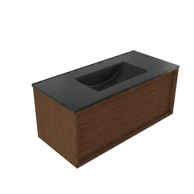 Saniclass Holz Frame Ensemble de meubles de salle de bains - 100x45x42cm - lavabo Vygo en céramique noir - 1 vasque - sans trou de robinetterie - 1 tiroir - noyer pure mat (bois)