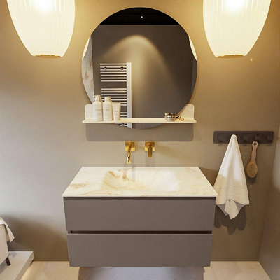 Mondiaz VICA-DLUX ensemble de meuble de salle de bain - 90cm - meuble sous-vasque fumée - 2 tiroirs - lavabo encastré nuage milieu - sans trous de robinet - version haute 60cm - opalo