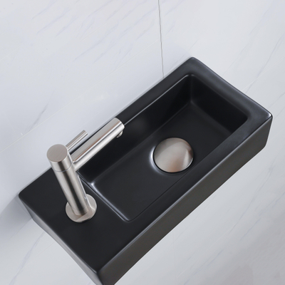 QeramiQ Lave-mains Kit lave-mains - 37.5x18.5x9cm - céramique - trou de robinet gauche - robinet lave-mains en inox brossé - bonde de vidage - siphon abaissé - Mat Noir